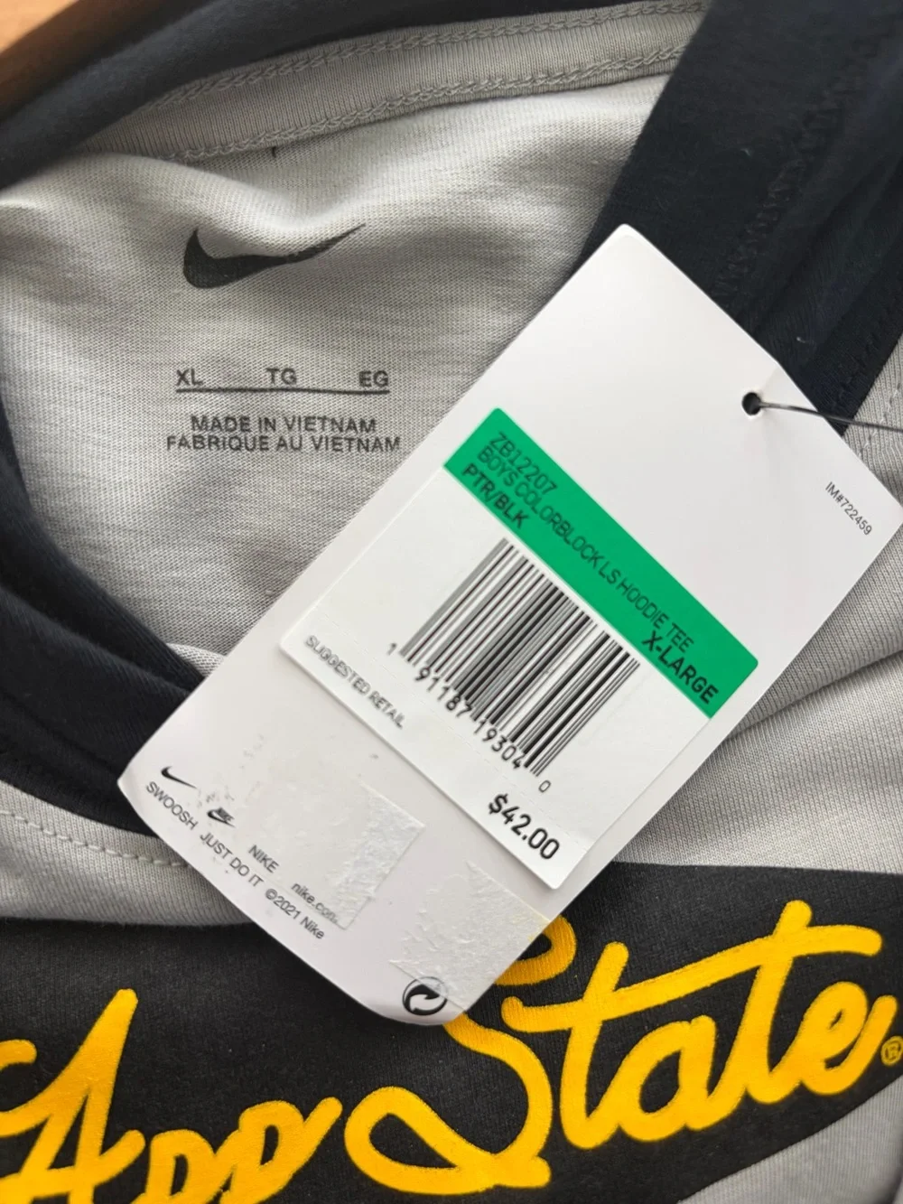 Nike Gray Long Sleeve Hoodie with Black Hood and Yellow Pennant